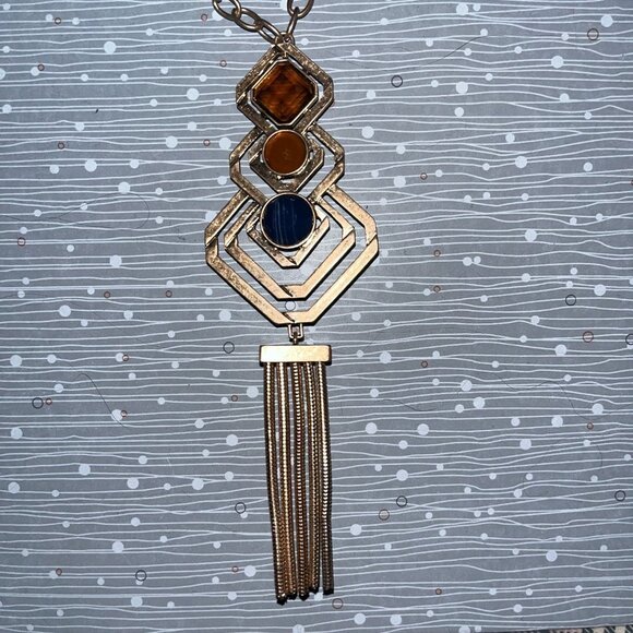 Mia 22” Pendant Necklace Tri Colored Gems & Earrings Gold Fringe - Picture 10 of 11